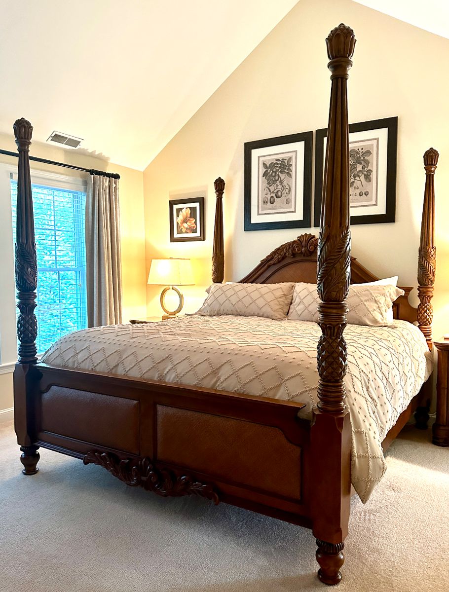 Carved King Four Poster Bed with Wicker Accents & Sleep Number Mattress