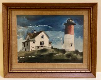 Portland Head Lighthouse Watercolor, Signed John Austin