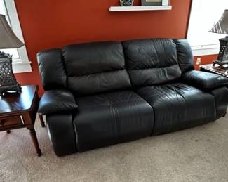 Leather loveseat recliner, Broyhill side tables and lamps