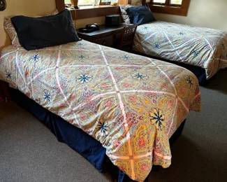 Twin beds with Pottery Barn bedding (down comforter, duvet, sheets, blanket and pillow cases)