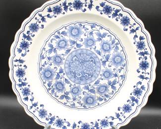 Large Blue & White Ceramic Serving Platter w/Floral Motif
