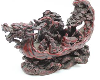 Cinnabar Chinese Carved Lacquer 8 Immortals in Dragon Boat Statue
