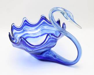 Blue Swirl Glass Swan Bowl
