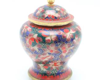 Colorful Brass Cloisonne Floral Container w/Lid