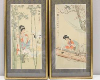 Pair of Gouache Silk Paintings
