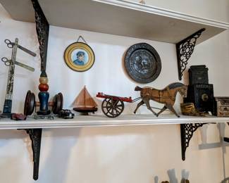 * 1910 Wooden Gibbs Horse + Cart
$100
* Antique Tin ABC Nursery Rhyme Plate
Late 1800's 
$60