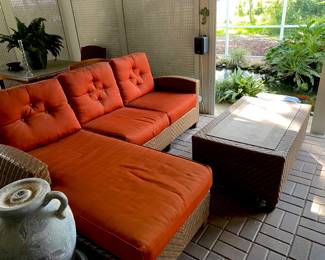 Beautiful outdoor sofa w/ chaise 85 (W) 36 (D) chaise 65” Long  can add ensemble piece shown in next photo. extra thick cushions (rust color)  Impeccable condition!
Cocktail/ coffee table 46 x 27 x 18