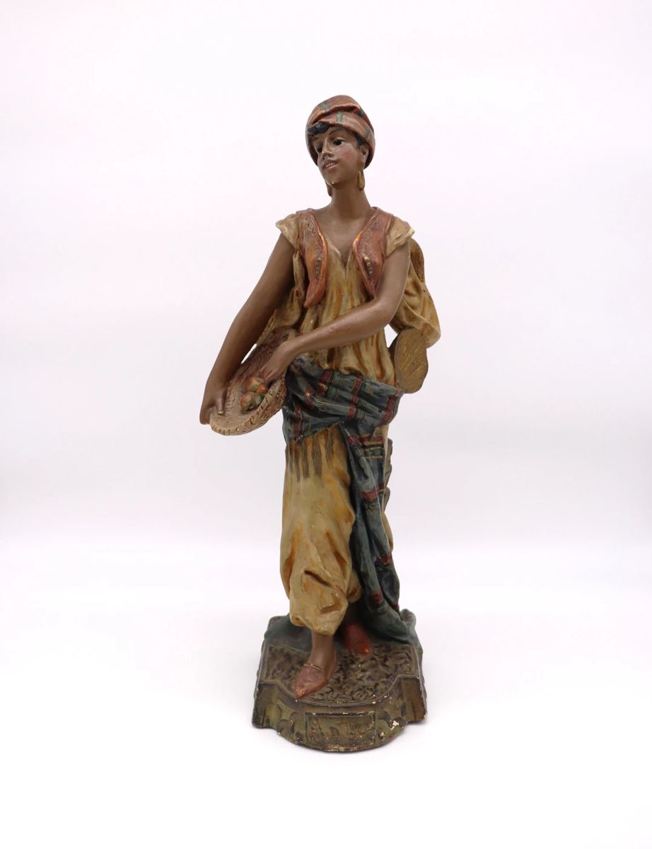 Antique Polychrome Painted Terracotta Plaster Orientalist Sculpture of Moorish Woman by Uriela