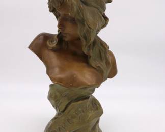 French Antique Plaster Bust Statue of Young Woman Named Fanchon