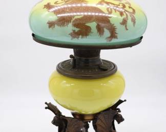 Bradley and Hubbard Antique Chinese Lion Glass Shade Cast Iron Dragon Kerosene Lamp