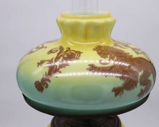Bradley and Hubbard Antique Chinese Lion Glass Shade Cast Iron Dragon Kerosene Lamp