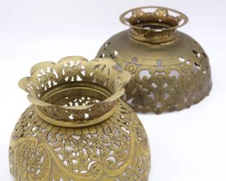 Pair of Antique Punched Brass Kerosene Lamp Shades