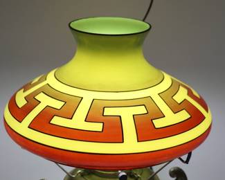 Rare Antique Geometric Design Kerosene Lamp Shade in Red, Green, and Yellow Pattern