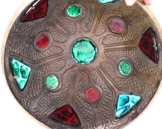 Art Nouveau Secessionist Brass and Faceted Multicolor Glass Gem Stones Lamp Shade