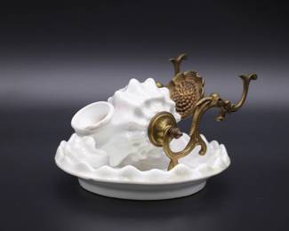 Antique 19th Century White Porcelain Shell and Brass or Bronze Inkwell Pen Holder