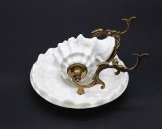 Antique 19th Century White Porcelain Shell and Brass or Bronze Inkwell Pen Holder