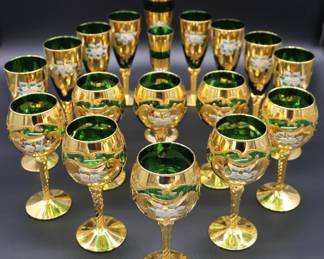 Antique Moser Green Glass and Gold Enamel Floral Design Wine and Champagne Glasses with Vase
