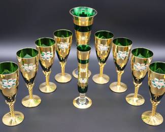 Antique Moser Green Glass and Gold Enamel Floral Design Wine and Champagne Glasses with Vase