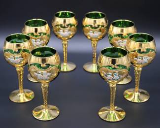 Antique Moser Green Glass and Gold Enamel Floral Design Wine and Champagne Glasses with Vase