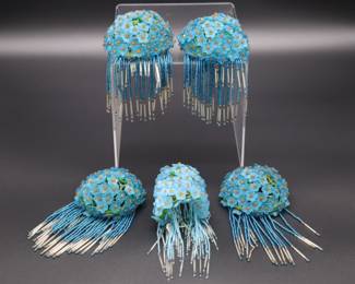 Antique Lot of 5 Blue Flower Beaded Czechoslovakian Bulb Cover Shades
