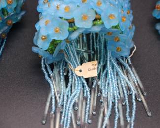 Antique Lot of 5 Blue Flower Beaded Czechoslovakian Bulb Cover Shades