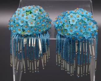 Antique Lot of 5 Blue Flower Beaded Czechoslovakian Bulb Cover Shades