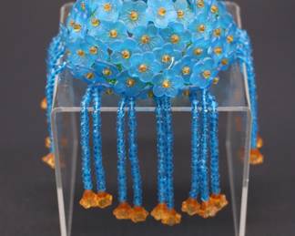 Antique Czechoslovakian Blue and Orange Flower Beaded Bulb Cover Lamp Shade