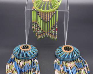 Lot of 3 Blue and Green 1920s Czech Beaded Lamp Shade Bulb Covers