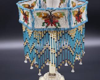 Antique Beaded Lamp Shade with Butterfly Design and Blue Fringe
