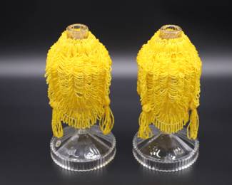Pair of Antique Czechoslovakian Crystal Candlesticks and Beaded Yellow Fringe Shades