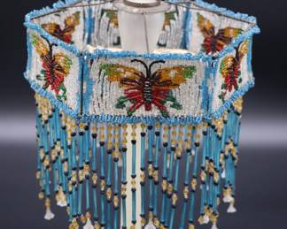 Antique Beaded Lamp Shade with Butterfly Design and Blue Fringe
