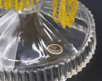 Pair of Antique Czechoslovakian Crystal Candlesticks and Beaded Yellow Fringe Shades