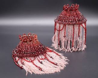 Pair of Deep Red and White Beaded Antique Bulb Cover Lamp Shades