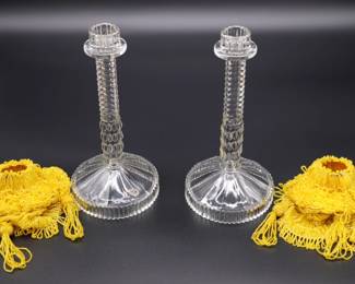 Pair of Antique Czechoslovakian Crystal Candlesticks and Beaded Yellow Fringe Shades