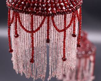 Pair of Deep Red and White Beaded Antique Bulb Cover Lamp Shades