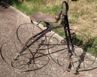 Antique Victorian Tricycle with Decorated Metal Frame and Original Leather Seat