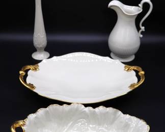 Lot of Cream and Gold Lenox Serving Platters, Pitcher, and Vase