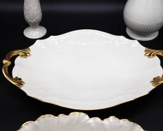 Lot of Cream and Gold Lenox Serving Platters, Pitcher, and Vase