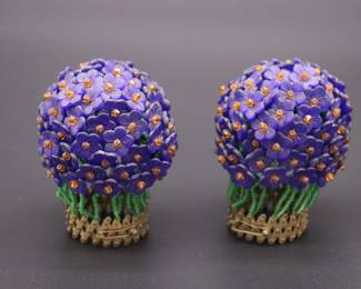 Pair of Antique Czech Purple, Green, and Orange Beaded Flower Bulb Covers