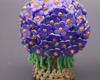 Pair of Antique Czech Purple, Green, and Orange Beaded Flower Bulb Covers