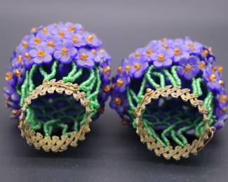 Pair of Antique Czech Purple, Green, and Orange Beaded Flower Bulb Covers