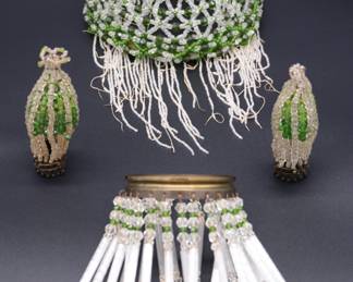 Lot of 4 Antique Green and Clear Glass Bead Bulb Covers and Lamp Shades