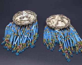 Pair of Antique Art Deco Blue Bead Fringe Bulb Cover Lamp Shades