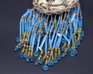 Pair of Antique Art Deco Blue Bead Fringe Bulb Cover Lamp Shades