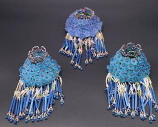 Lot of 3 Antique Czechoslovakian Blue Flower Beaded Fringe Lamp Shades