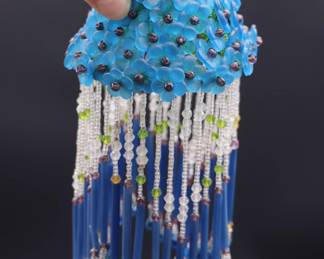 Lot of 3 Antique Czechoslovakian Blue Flower Beaded Fringe Lamp Shades