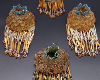 Lot of 4 Antique Czech Orange, Blue, and Clear White Fringe Beaded Bulb Cover Lamp Shades