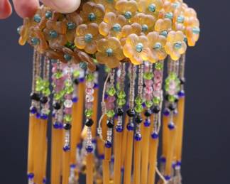 Lot of 4 Antique Czech Orange, Blue, and Clear White Fringe Beaded Bulb Cover Lamp Shades