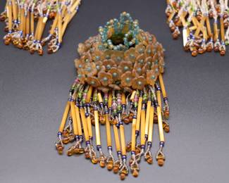 Lot of 4 Antique Czech Orange, Blue, and Clear White Fringe Beaded Bulb Cover Lamp Shades