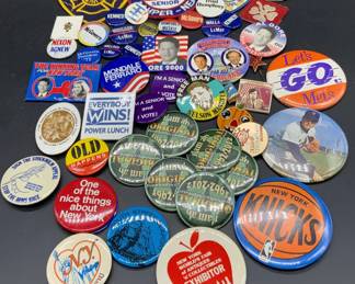Group 40+ Vintage Pins, Political, Sports, & More

